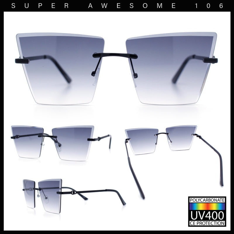 Womens Beveled Large Square Rectangle Rimless Cat Eye Luxury Sunglasses