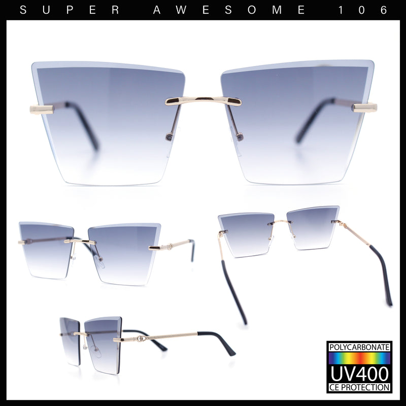 Womens Beveled Large Square Rectangle Rimless Cat Eye Luxury Sunglasses