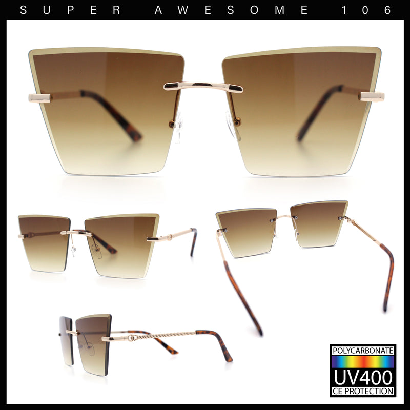 Womens Beveled Large Square Rectangle Rimless Cat Eye Luxury Sunglasses