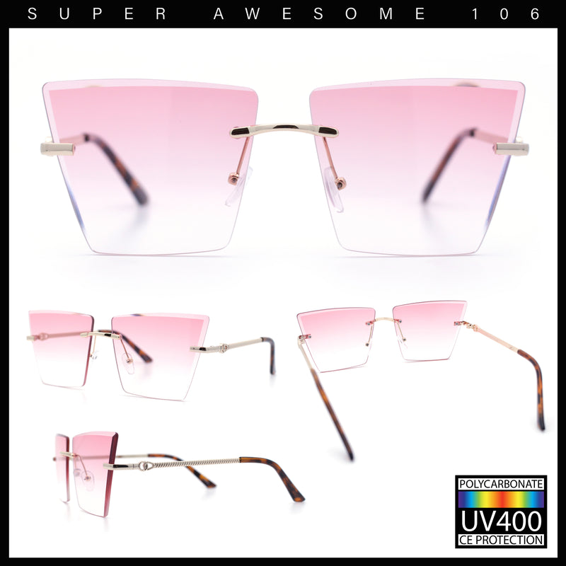 Womens Beveled Large Square Rectangle Rimless Cat Eye Luxury Sunglasses