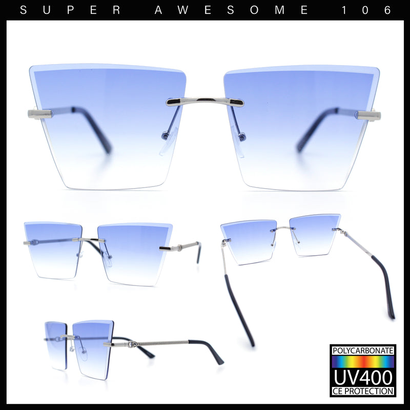 Womens Beveled Large Square Rectangle Rimless Cat Eye Luxury Sunglasses
