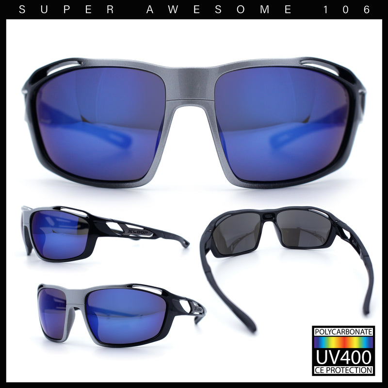 Mens Xloop Classic Mirror Lens Rectangle Wrap Biker Style Plastic Sunglasses