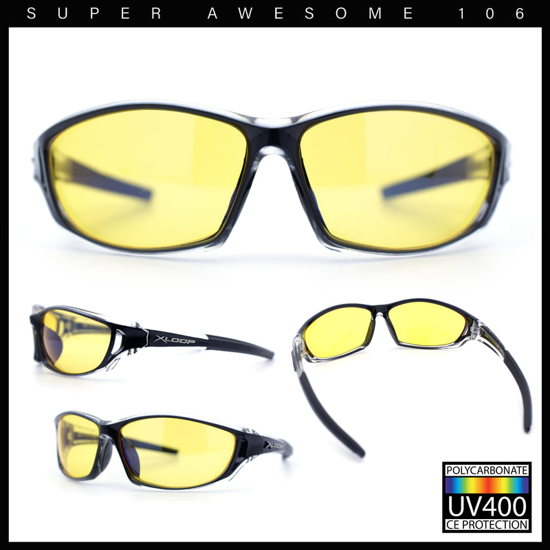 Mens Xloop HD Night Driving Yellow Lens Wrap Biker Style Plastic Sunglasses