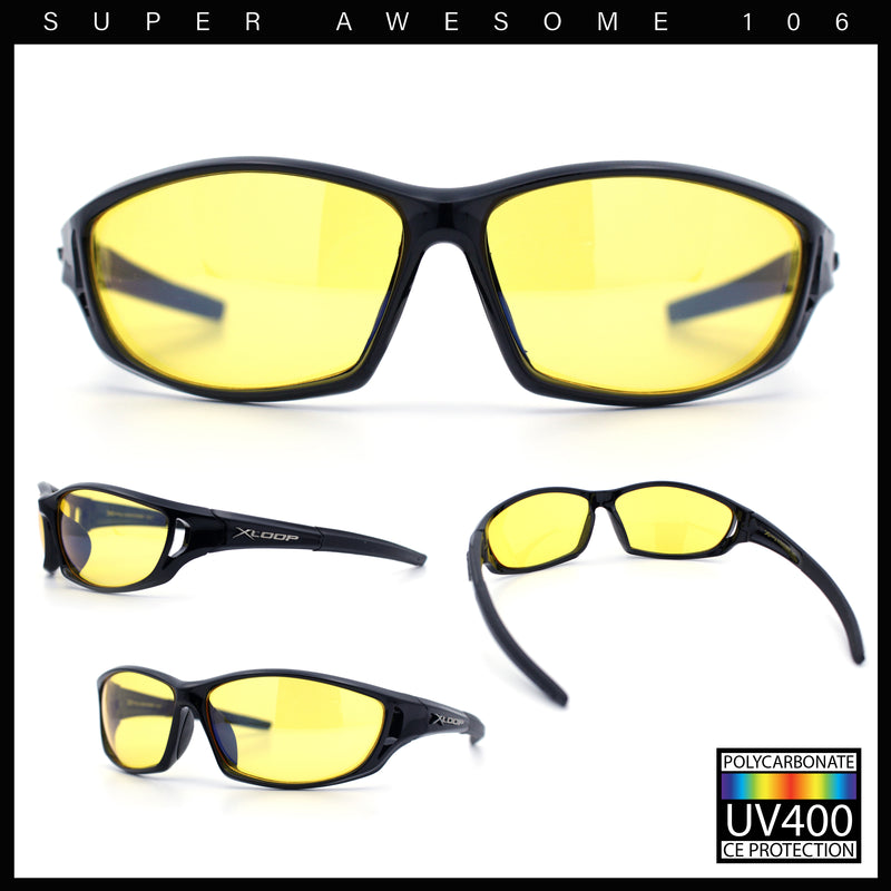 Mens Xloop HD Night Driving Yellow Lens Wrap Biker Style Plastic Sunglasses