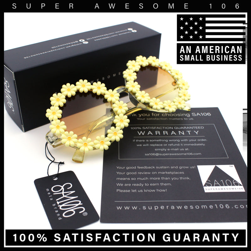 Womens Hippie Bold Daisy Flower Trim Circle Lens Plastic Retro Sunglasses