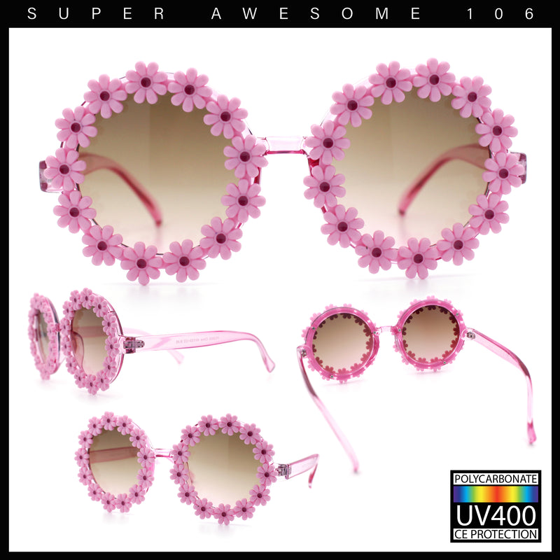Womens Hippie Bold Daisy Flower Trim Circle Lens Plastic Retro Sunglasses