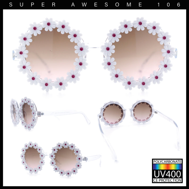 Womens Hippie Bold Daisy Flower Trim Circle Lens Plastic Retro Sunglasses