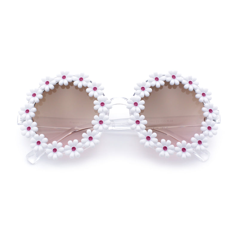 Womens Hippie Bold Daisy Flower Trim Circle Lens Plastic Retro Sunglasses