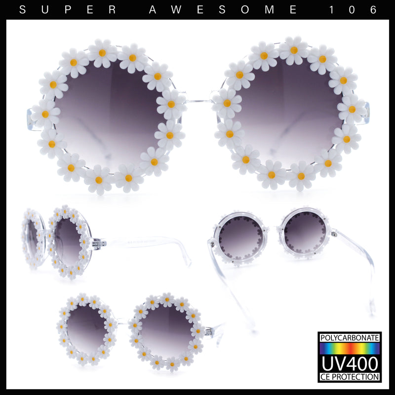 Womens Hippie Bold Daisy Flower Trim Circle Lens Plastic Retro Sunglasses