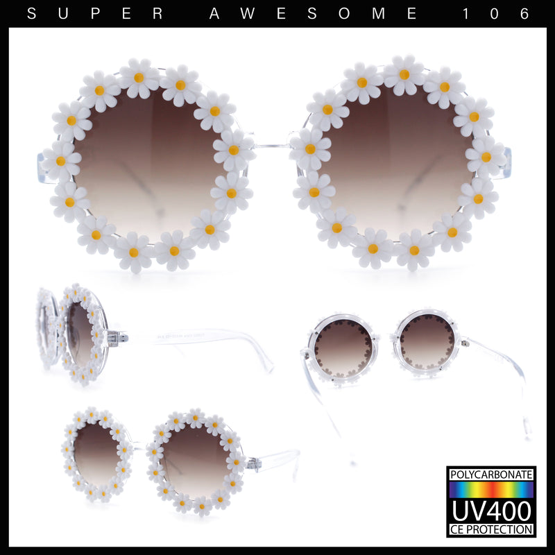 Womens Hippie Bold Daisy Flower Trim Circle Lens Plastic Retro Sunglasses