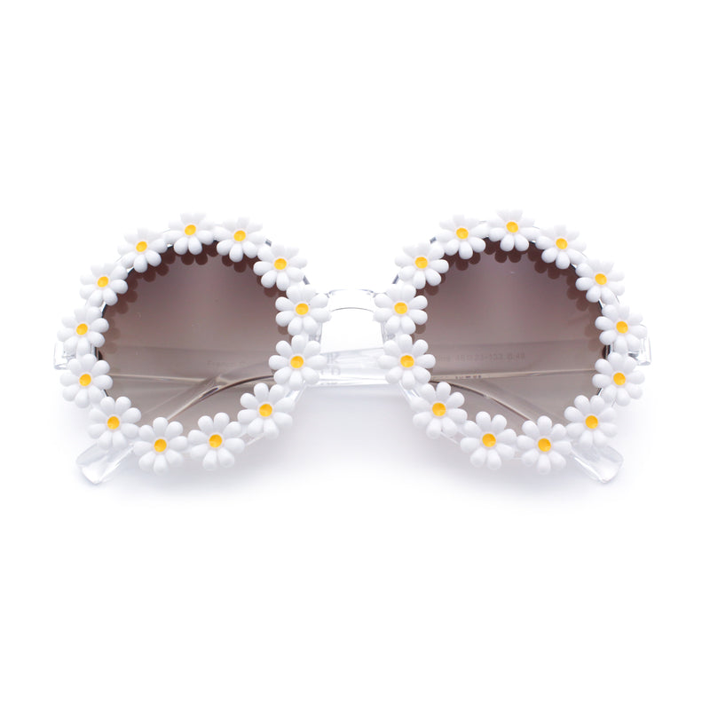 Womens Hippie Bold Daisy Flower Trim Circle Lens Plastic Retro Sunglasses