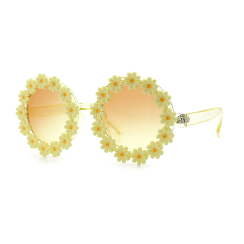 Womens Hippie Bold Daisy Flower Trim Circle Lens Plastic Retro Sunglasses