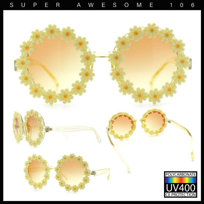 Womens Hippie Bold Daisy Flower Trim Circle Lens Plastic Retro Sunglasses