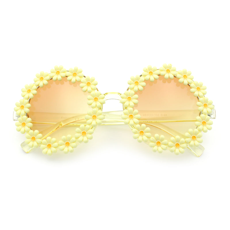 Womens Hippie Bold Daisy Flower Trim Circle Lens Plastic Retro Sunglasses
