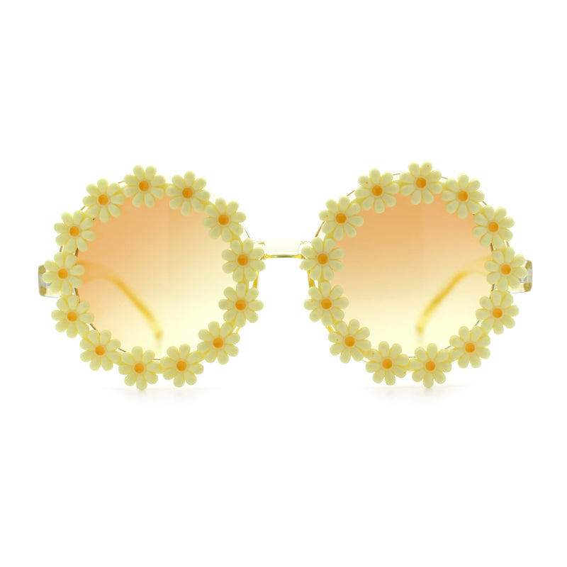 Womens Hippie Bold Daisy Flower Trim Circle Lens Plastic Retro Sunglasses