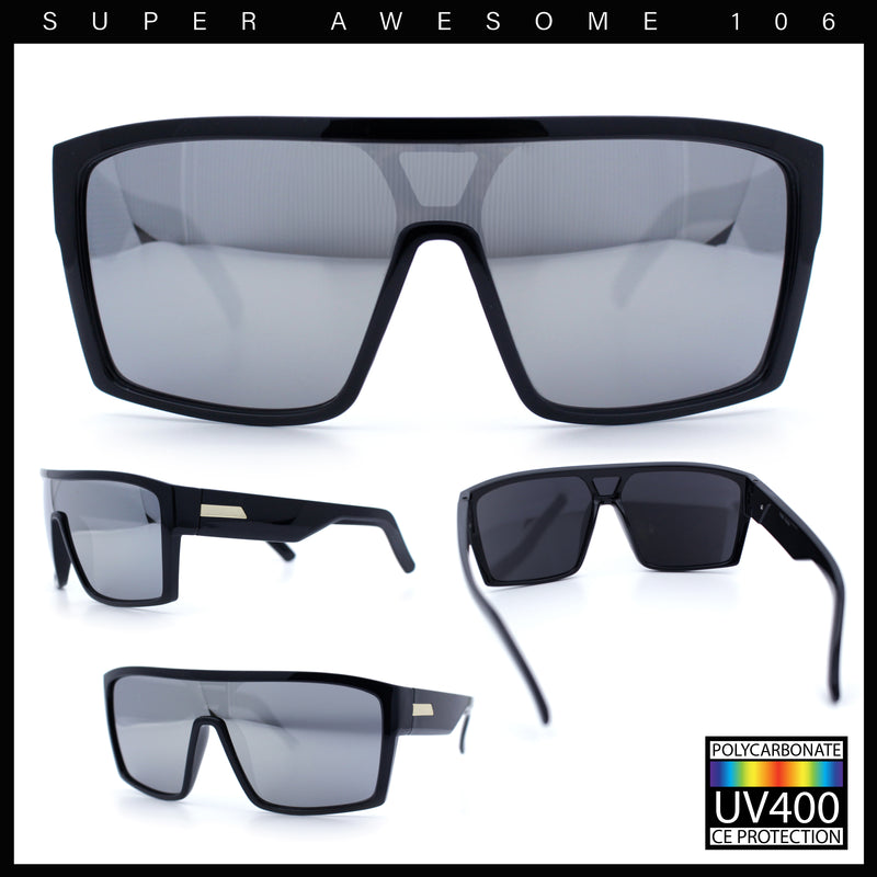 Mens Oversized Shield Curved Wrap Rectangular Plastic Sporty Sunglasses