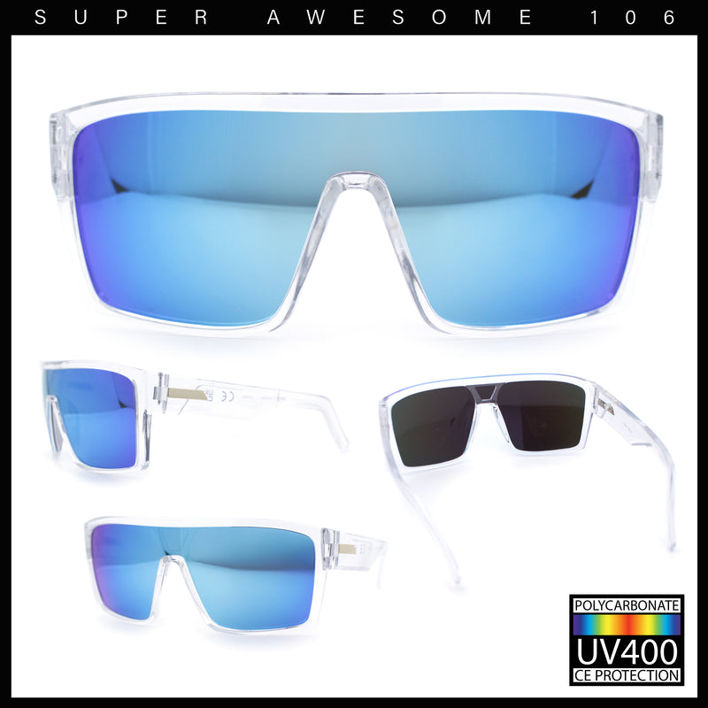 Mens Oversized Shield Curved Wrap Rectangular Plastic Sporty Sunglasses