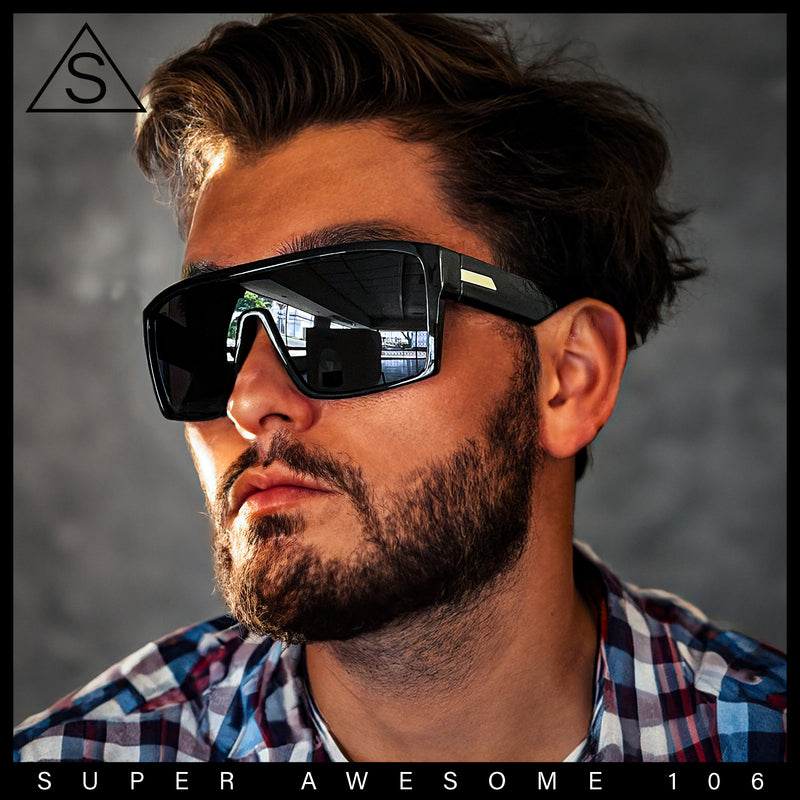 Mens Oversized Shield Curved Wrap Rectangular Plastic Sporty Sunglasses