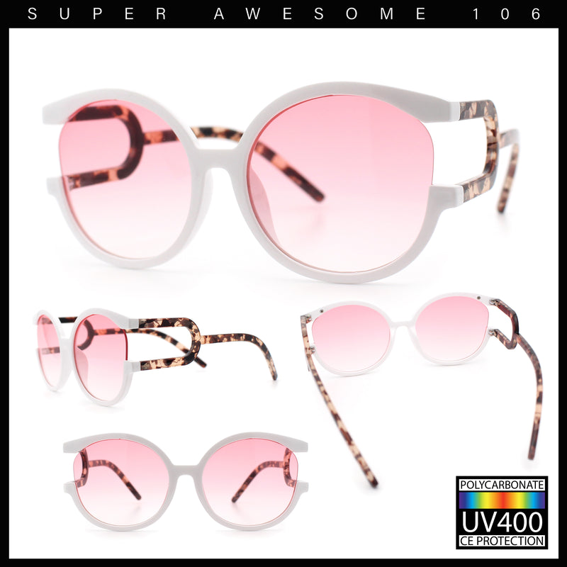 Womens Unique U Arm Round Exposed Lens Minimal Designer Sunglasses