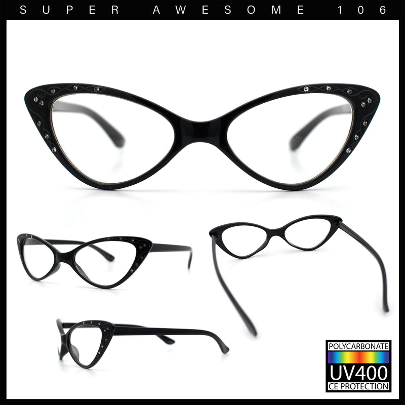 Womens Bling Rhinestone Gothic Cat Eye Clear Lens Plastic Fashion Eyeglasses
