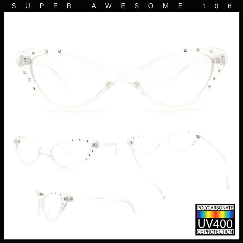 Womens Bling Rhinestone Gothic Cat Eye Clear Lens Plastic Fashion Eyeglasses