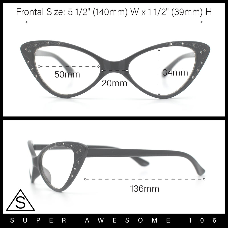 Womens Bling Rhinestone Gothic Cat Eye Clear Lens Plastic Fashion Eyeglasses