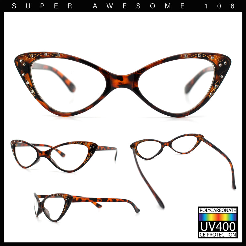 Womens Bling Rhinestone Gothic Cat Eye Clear Lens Plastic Fashion Eyeglasses