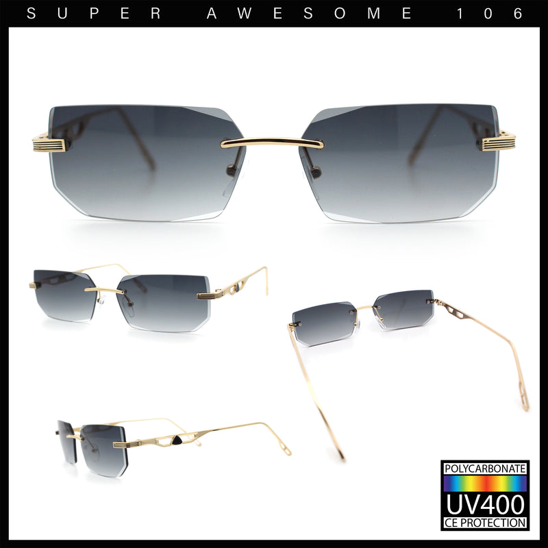 Rimless Geometric Beveled Narrow Rectangle Metal Rim Hustler Fashion Sunglasses
