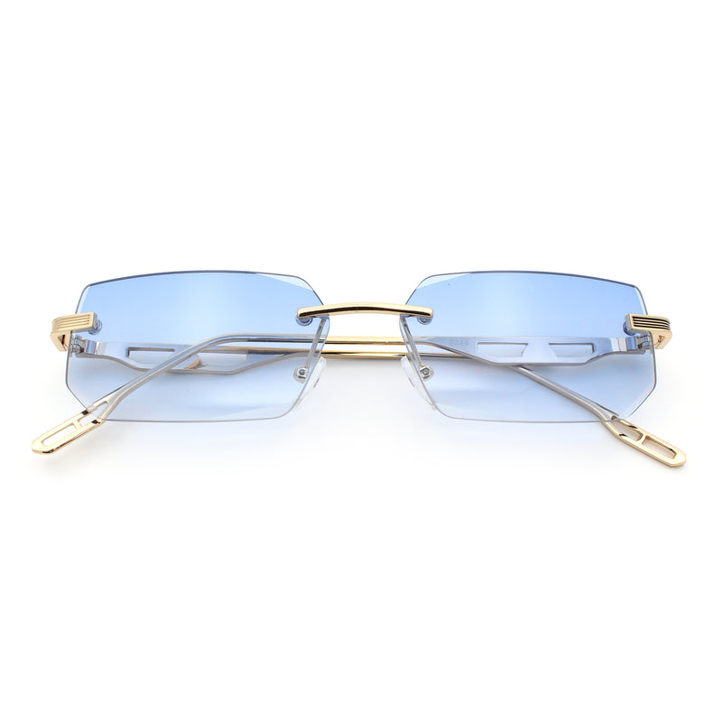 Rimless Geometric Beveled Narrow Rectangle Metal Rim Hustler Fashion Sunglasses
