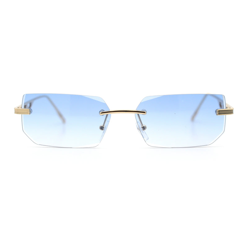 Rimless Geometric Beveled Narrow Rectangle Metal Rim Hustler Fashion Sunglasses