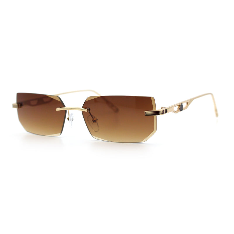 Rimless Geometric Beveled Narrow Rectangle Metal Rim Hustler Fashion Sunglasses