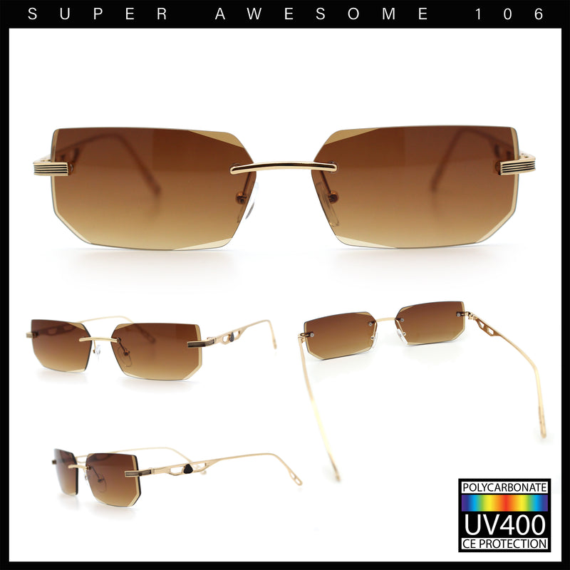 Rimless Geometric Beveled Narrow Rectangle Metal Rim Hustler Fashion Sunglasses