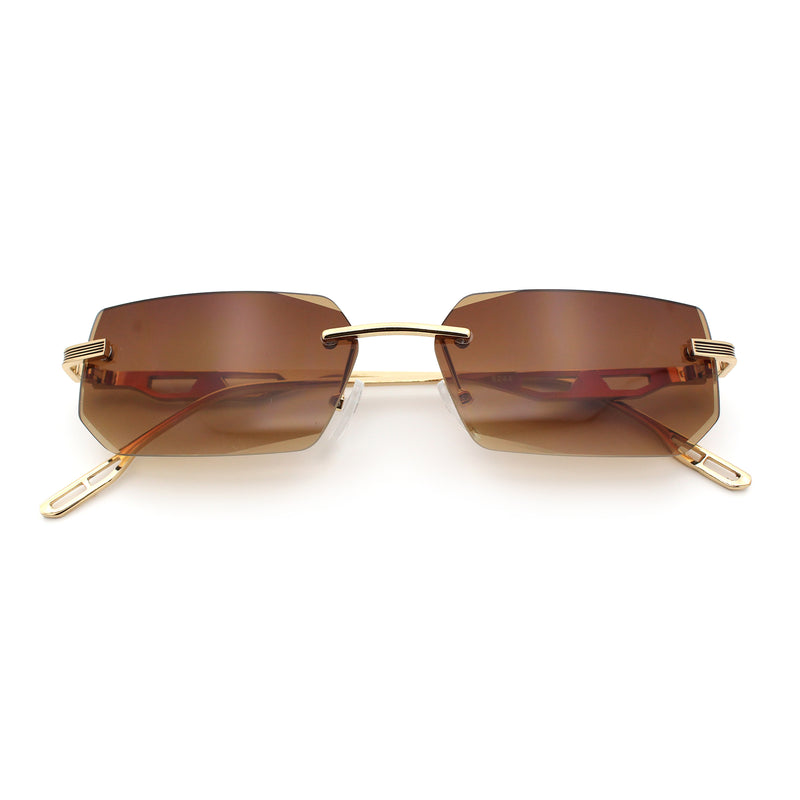 Rimless Geometric Beveled Narrow Rectangle Metal Rim Hustler Fashion Sunglasses