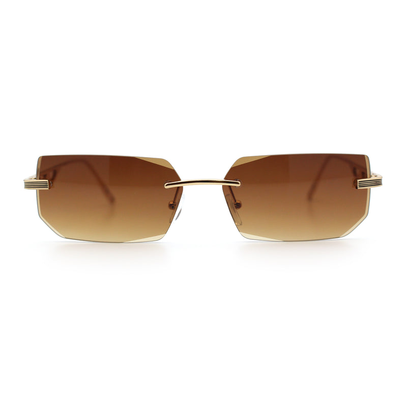 Rimless Geometric Beveled Narrow Rectangle Metal Rim Hustler Fashion Sunglasses