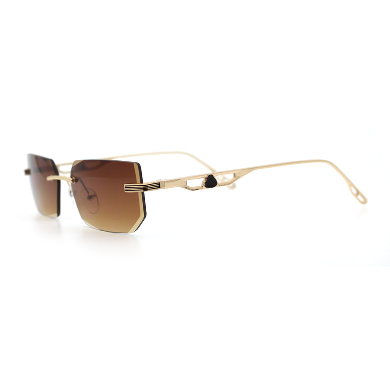 Rimless Geometric Beveled Narrow Rectangle Metal Rim Hustler Fashion Sunglasses