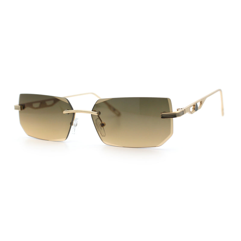 Rimless Geometric Beveled Narrow Rectangle Metal Rim Hustler Fashion Sunglasses