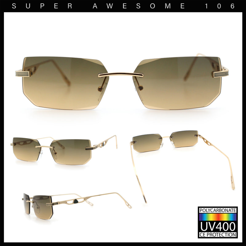 Rimless Geometric Beveled Narrow Rectangle Metal Rim Hustler Fashion Sunglasses