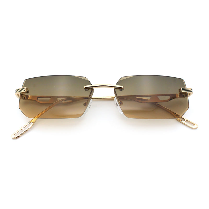 Rimless Geometric Beveled Narrow Rectangle Metal Rim Hustler Fashion Sunglasses