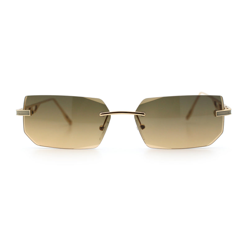 Rimless Geometric Beveled Narrow Rectangle Metal Rim Hustler Fashion Sunglasses