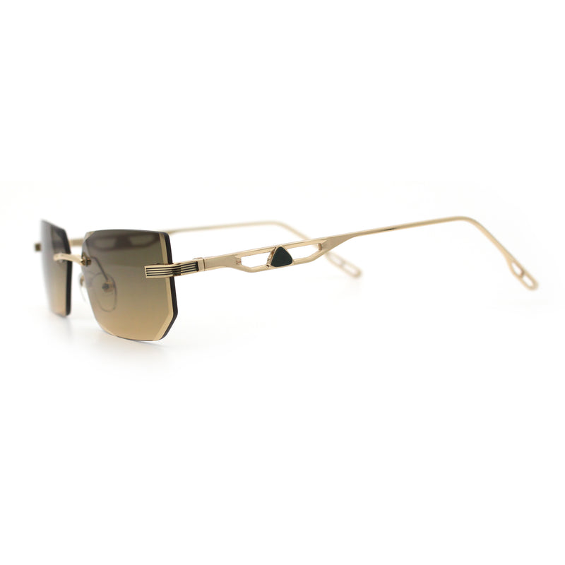 Rimless Geometric Beveled Narrow Rectangle Metal Rim Hustler Fashion Sunglasses