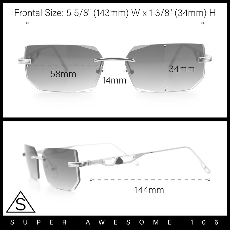 Rimless Geometric Beveled Narrow Rectangle Metal Rim Hustler Fashion Sunglasses