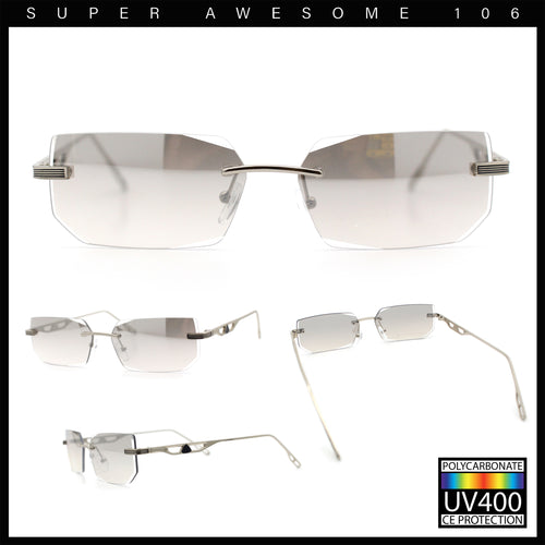 Rimless Geometric Beveled Narrow Rectangle Metal Rim Hustler Fashion Sunglasses