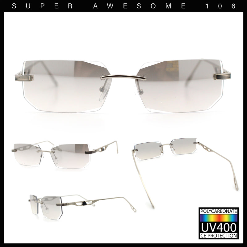 Rimless Geometric Beveled Narrow Rectangle Metal Rim Hustler Fashion Sunglasses