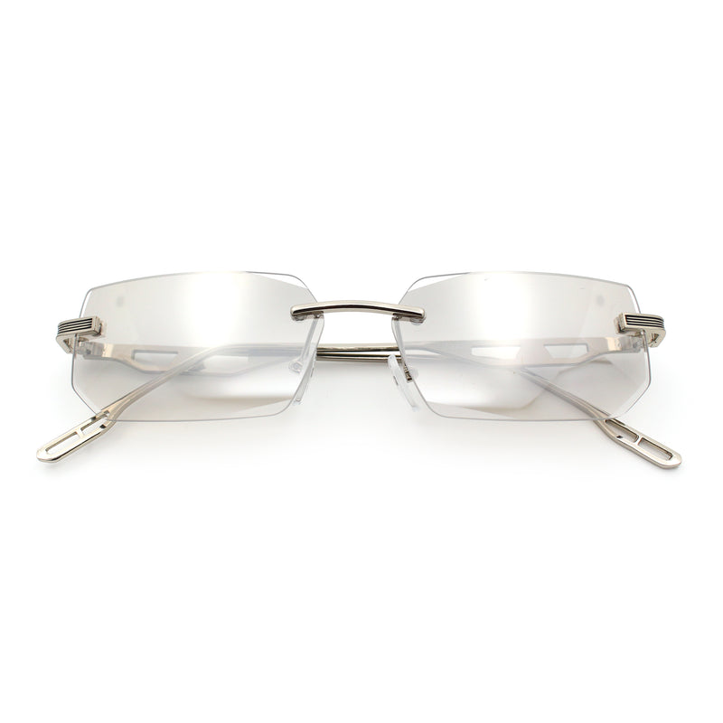 Rimless Geometric Beveled Narrow Rectangle Metal Rim Hustler Fashion Sunglasses