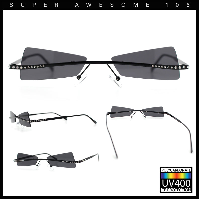 Womens Avant Garde Jewel Rhinestone Cross Bar Metal Rimless Rectangle Sunglasses