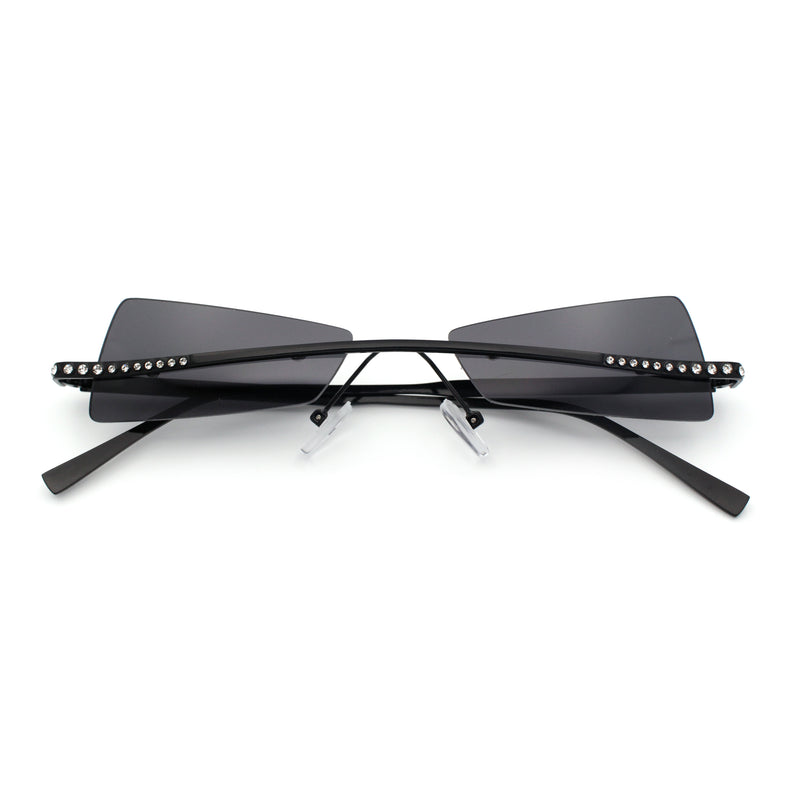 Womens Avant Garde Jewel Rhinestone Cross Bar Metal Rimless Rectangle Sunglasses