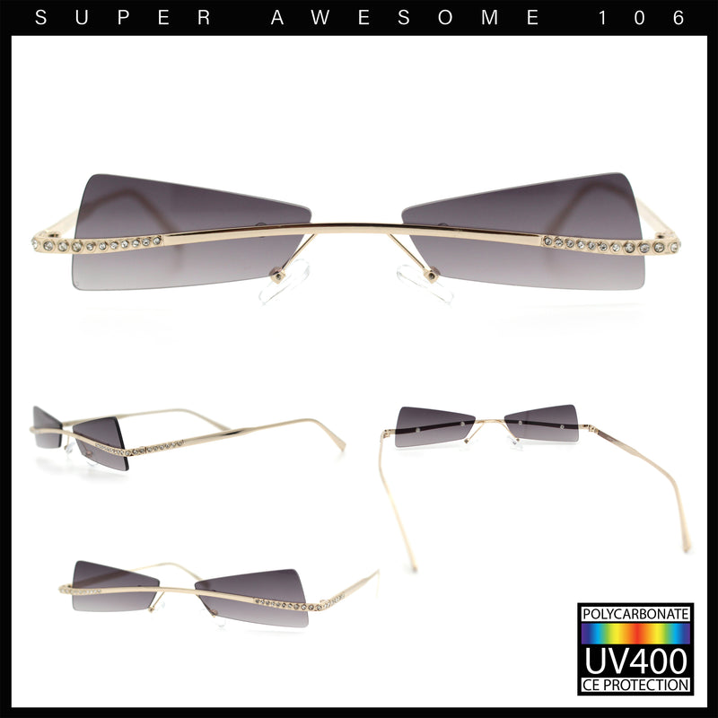 Womens Avant Garde Jewel Rhinestone Cross Bar Metal Rimless Rectangle Sunglasses