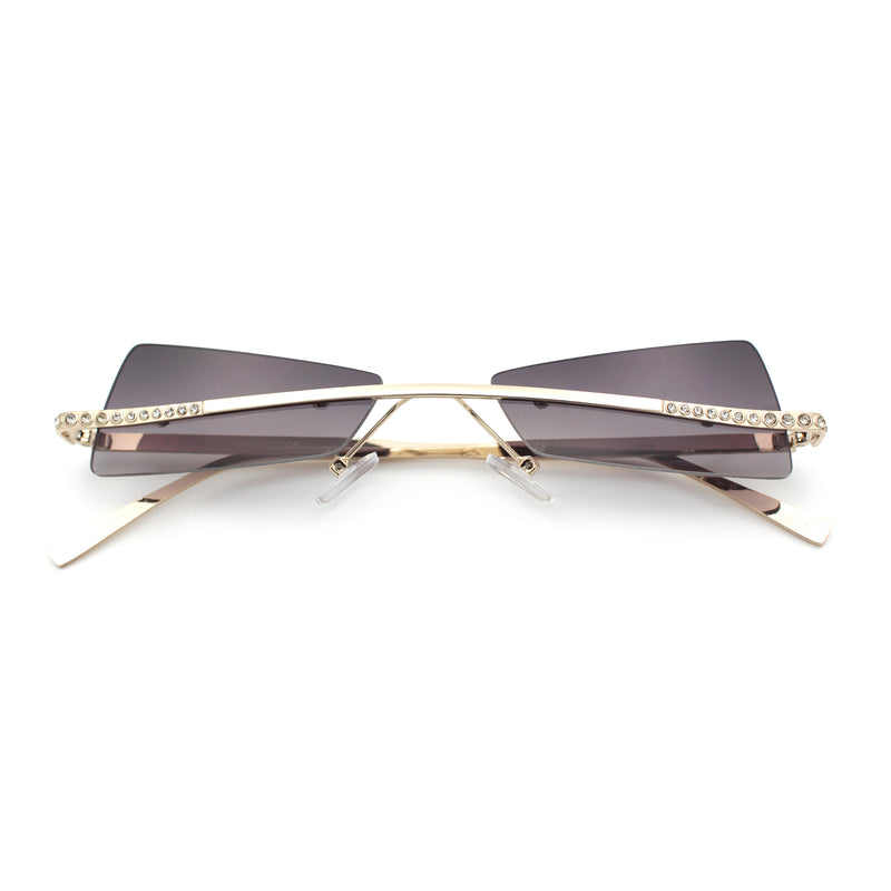 Womens Avant Garde Jewel Rhinestone Cross Bar Metal Rimless Rectangle Sunglasses