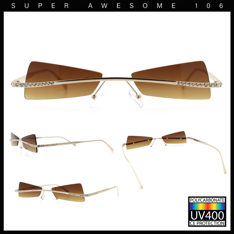 Womens Avant Garde Jewel Rhinestone Cross Bar Metal Rimless Rectangle Sunglasses