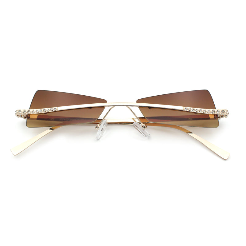Womens Avant Garde Jewel Rhinestone Cross Bar Metal Rimless Rectangle Sunglasses